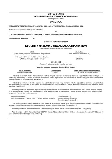 Thumbnail Security National Financial Corporation 10-Q Quarterly Report FY2019 