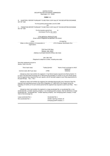 Thumbnail Utah Medical Products 10-Q Quarterly Report FY2026 