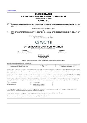 Thumbnail ON Semiconductor 10-Q Quarterly Report FY 