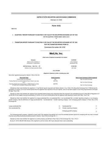 Thumbnail MetLife 10-Q Quarterly Report FY2019 