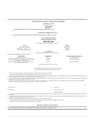Miniature MetLife 10-K Rapport annuel 2021