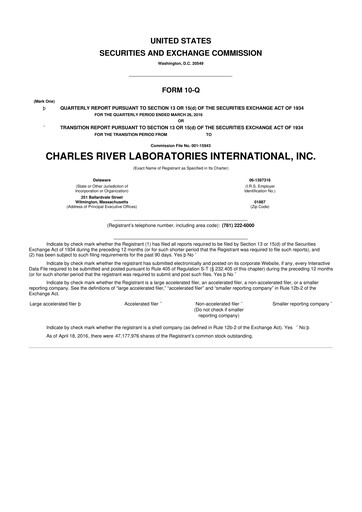 Miniature Charles River Laboratories
 10-Q Rapport trimestriel 2016 