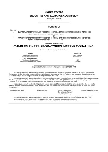 Miniature Charles River Laboratories
 10-Q Rapport trimestriel 2016 