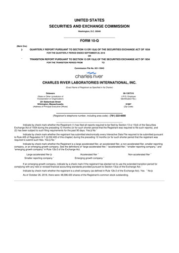 Miniature Charles River Laboratories
 10-Q Rapport trimestriel 2018 