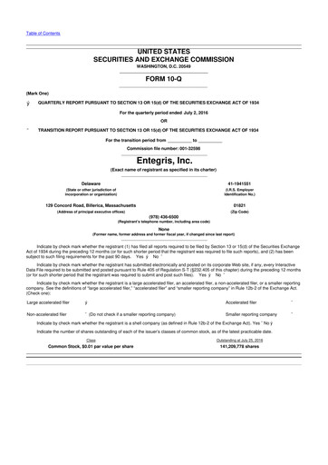 Miniature Entegris 10-Q Rapport trimestriel 2016 