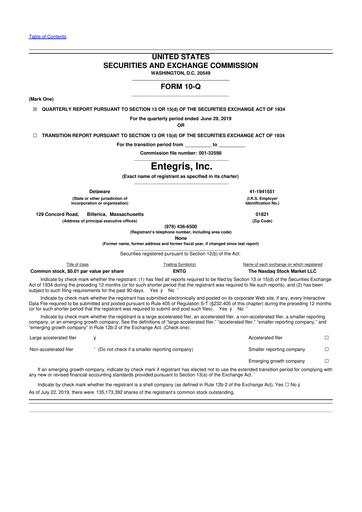 Miniature Entegris 10-Q Rapport trimestriel 2019 
