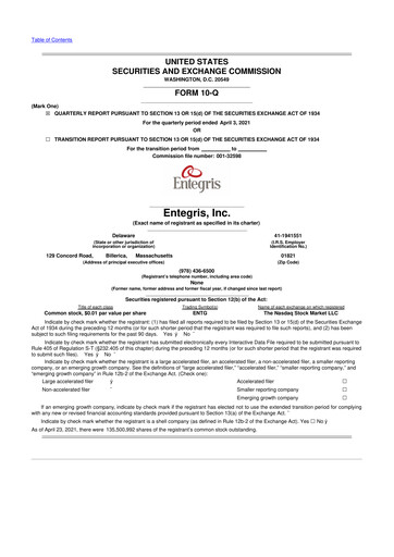 Miniature Entegris 10-Q Rapport trimestriel 2021 
