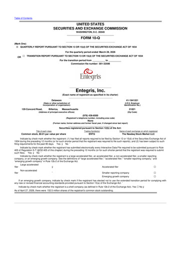 Miniature Entegris 10-Q Rapport trimestriel  