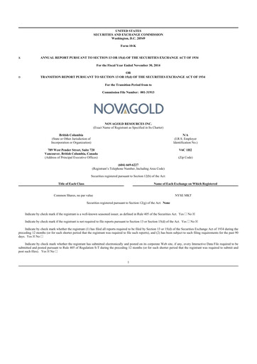 Thumbnail NovaGold Resources
 10-K Annual Report 2014