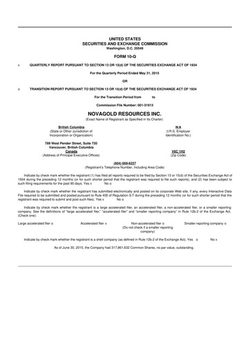 Thumbnail NovaGold Resources
 10-Q Quarterly Report FY2015 