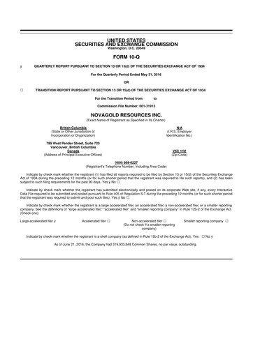 Thumbnail NovaGold Resources
 10-Q Quarterly Report FY2016 