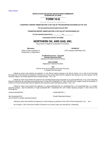 Thumbnail Northern Oil and Gas 10-Q Quarterly Report FY2016 