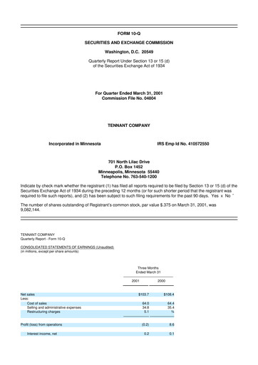 Thumbnail Tennant Company
 10-Q Quarterly Report FY 