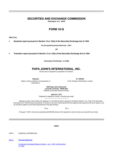 Thumbnail Papa John's Pizza
 10-Q Quarterly Report FY 