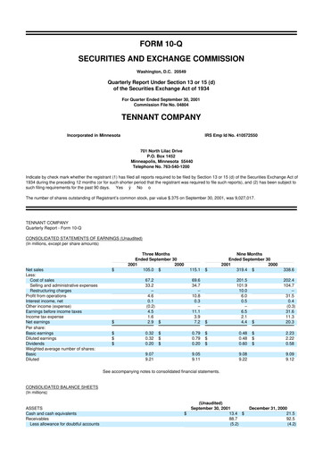 Thumbnail Tennant Company
 10-Q Quarterly Report FY 