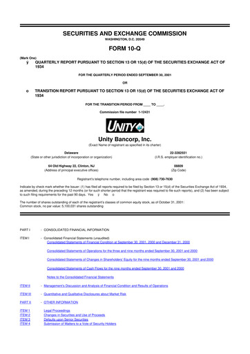 Miniature Unity Bancorp 10-Q Rapport trimestriel  