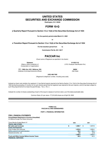 Thumbnail Paccar 10-Q Quarterly Report FY 