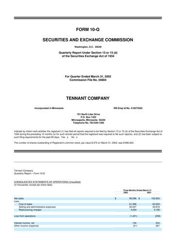 Thumbnail Tennant Company
 10-Q Quarterly Report FY 