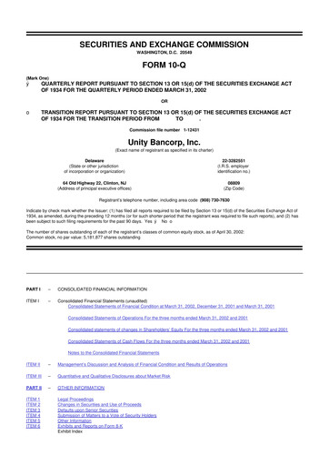 Miniature Unity Bancorp 10-Q Rapport trimestriel  