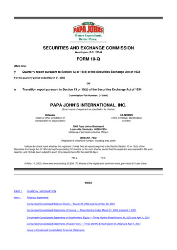 Thumbnail Papa John's Pizza
 10-Q Quarterly Report FY 