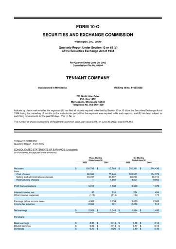 Thumbnail Tennant Company
 10-Q Quarterly Report FY 