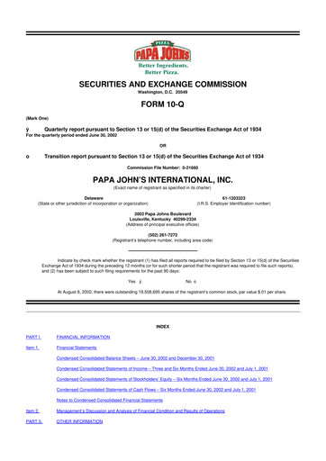 Thumbnail Papa John's Pizza
 10-Q Quarterly Report FY 