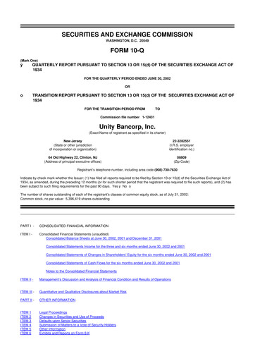 Miniature Unity Bancorp 10-Q Rapport trimestriel  