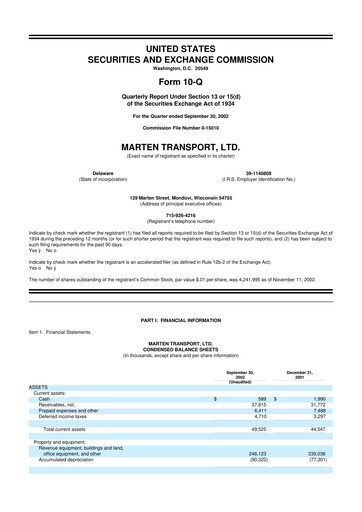 Thumbnail Marten Transport 10-Q Quarterly Report FY 