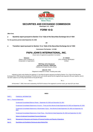 Thumbnail Papa John's Pizza
 10-Q Quarterly Report FY 