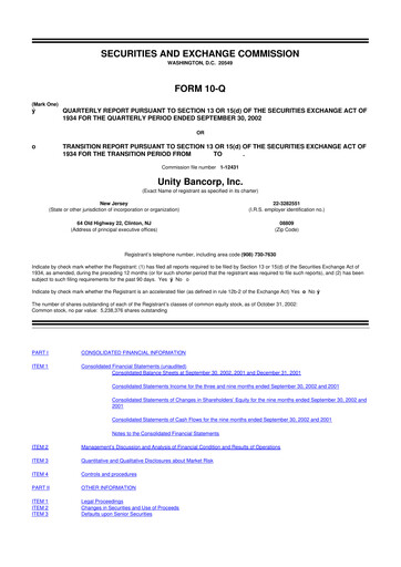 Miniature Unity Bancorp 10-Q Rapport trimestriel  