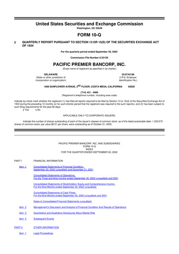 Thumbnail Pacific Premier Bancorp
 10-Q Quarterly Report FY 