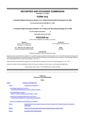 Thumbnail Paccar 10-Q Quarterly Report FY 