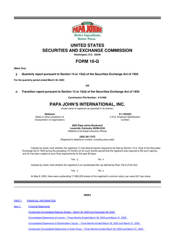 Thumbnail Papa John's Pizza
 10-Q Quarterly Report FY 