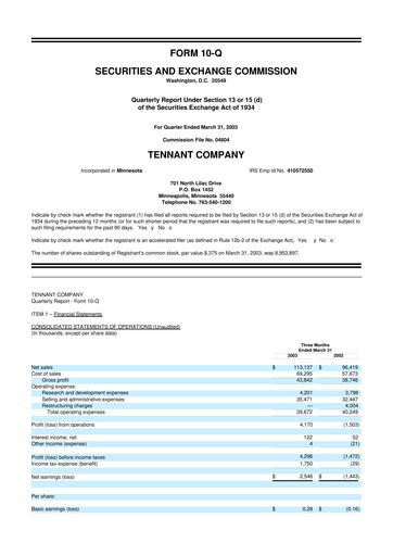 Thumbnail Tennant Company
 10-Q Quarterly Report FY 