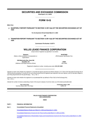 Thumbnail Willis Lease Finance Corporation 10-Q Quarterly Report FY 
