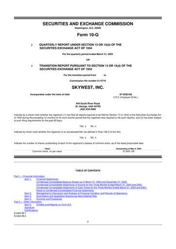 Thumbnail SkyWest 10-Q Quarterly Report FY 