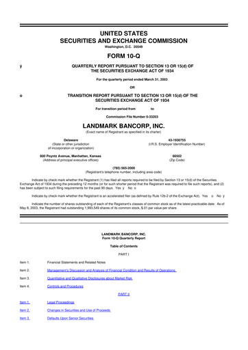 Miniature Landmark Bancorp 10-Q Rapport trimestriel  