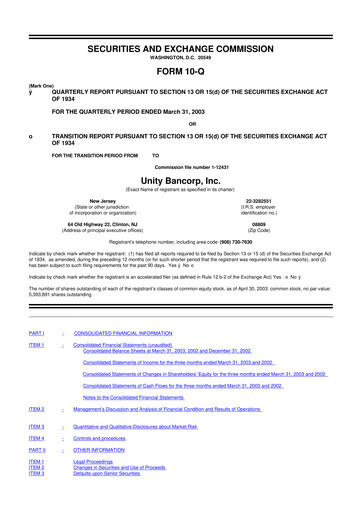 Miniature Unity Bancorp 10-Q Rapport trimestriel  