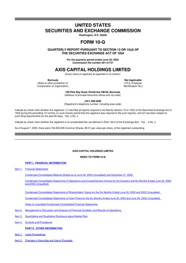 Miniature AXIS Capital
 10-Q Rapport trimestriel  