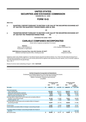 Thumbnail Carlisle Companies
 10-Q Quarterly Report FY 