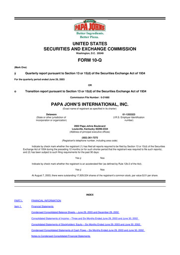 Thumbnail Papa John's Pizza
 10-Q Quarterly Report FY 