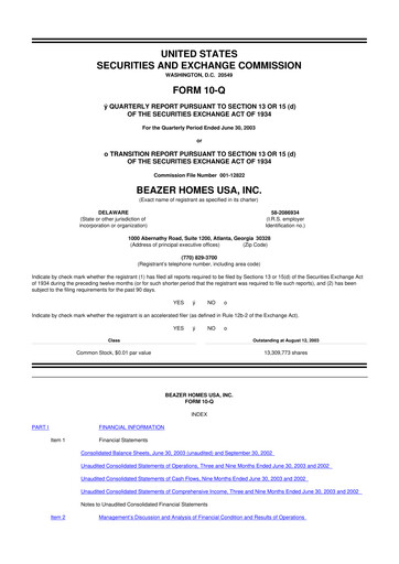 Thumbnail Beazer Homes USA
 10-Q Quarterly Report FY 