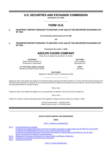 Vorschaubild Molson Coors 10-Q Quartalsbericht  