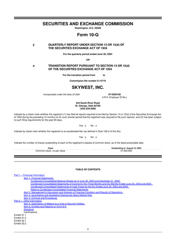 Thumbnail SkyWest 10-Q Quarterly Report FY 
