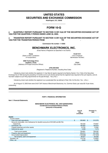 Thumbnail Benchmark Electronics
 10-Q Quarterly Report FY 