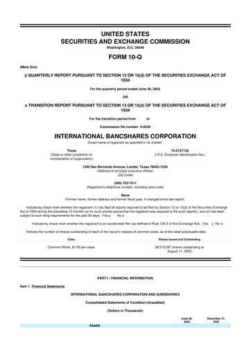Thumbnail International Bancshares Corp 10-Q Quarterly Report FY 