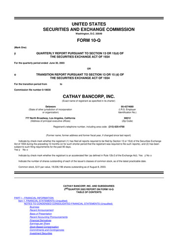 Thumbnail Cathay General Bancorp 10-Q Quarterly Report FY 