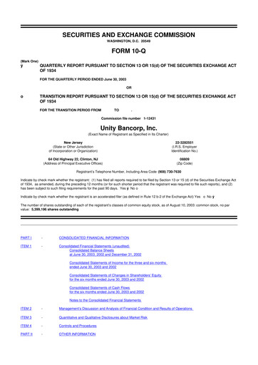 Miniature Unity Bancorp 10-Q Rapport trimestriel  