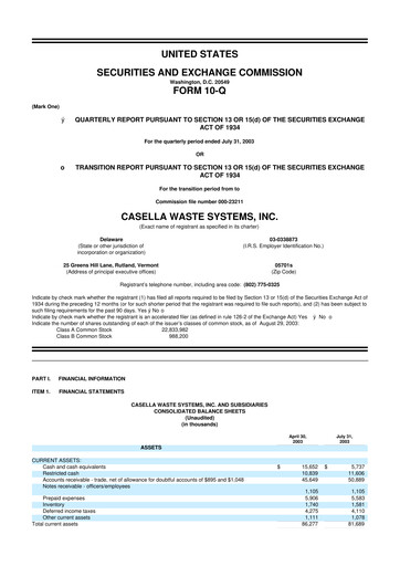 Thumbnail Casella Waste Systems
 10-Q Quarterly Report FY 