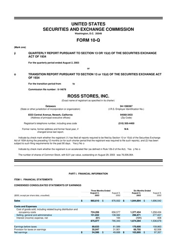 Thumbnail Ross Stores 10-Q Quarterly Report FY 